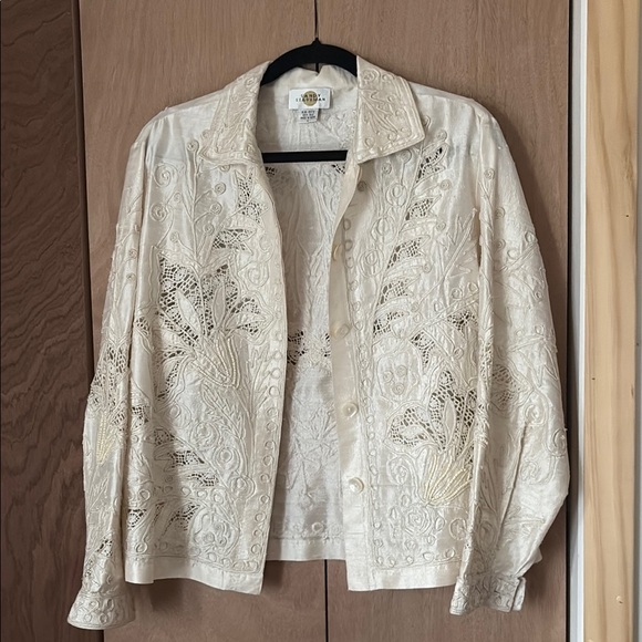 Sandy Starkman Creamy White Raw Silk Trapunto  Embroidered Beaded  Lace Jacket - Picture 1 of 8